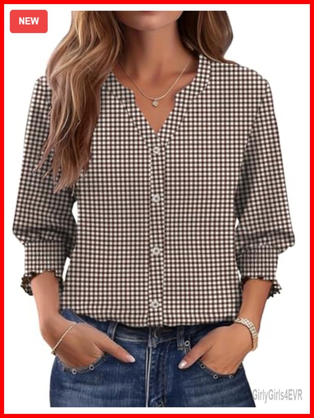 Womens 3/4 Sleeve V-Neck Blouse Smocked Cuff Business Casual Top